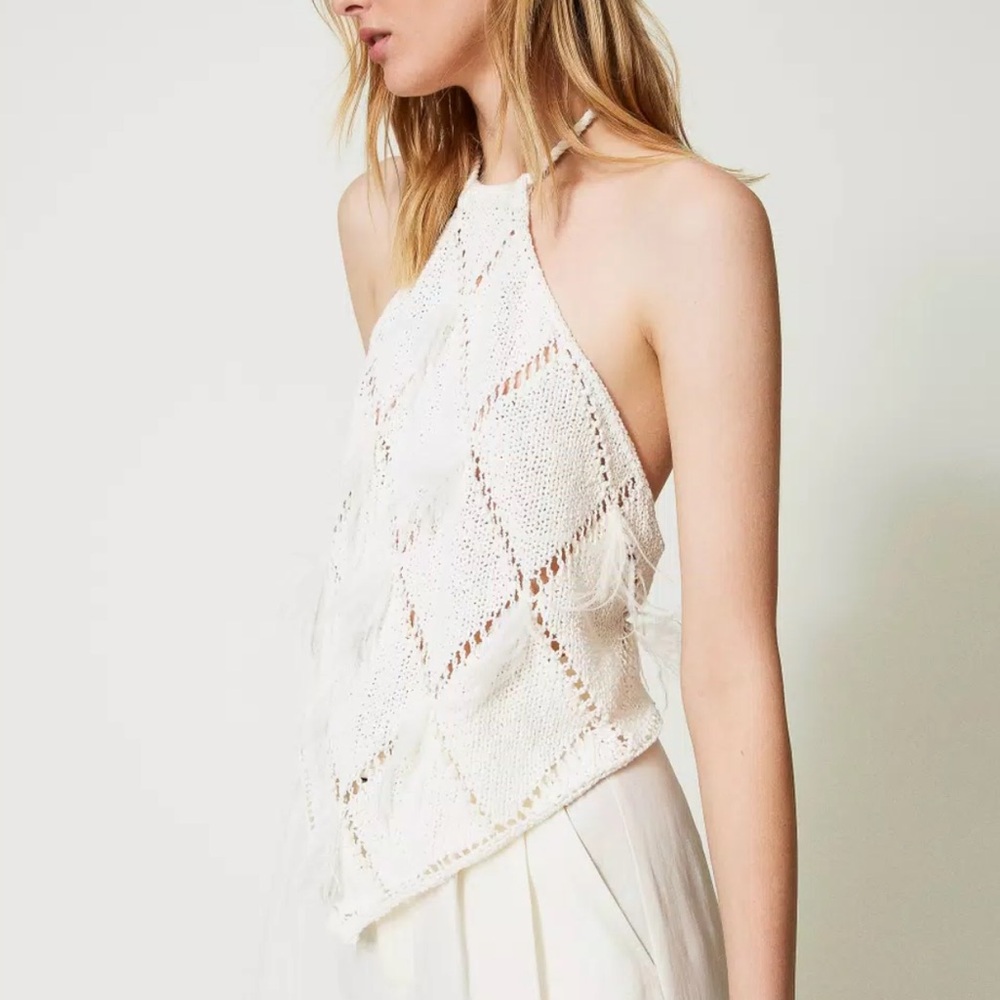 Twin-Set White Crochet Halter Top diamond feather knit indah andi bagus designer - Picture 3 of 10